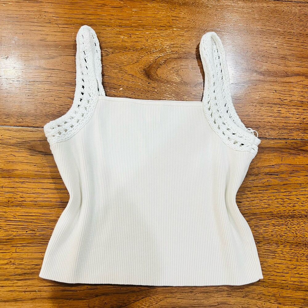 Aerie Women's White Ribbed Knit Tank Top Cropped Cami with Crochet Straps Large